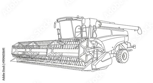 Detailed line drawing illustration of a modern combine harvester, an agricultural machine used for harvesting crops in fields.