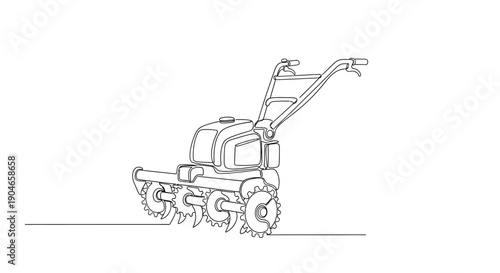 A detailed line drawing of a tiller, a garden tool used for cultivating soil, with its tines ready to break up the earth.