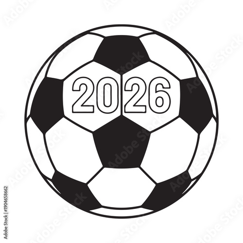 A black and white soccer ball design clearly displaying the year 2026 in its center