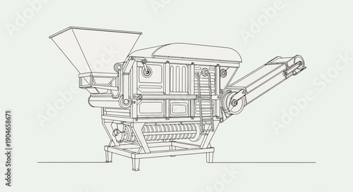 Detailed line drawing of an industrial crushing and sorting machine with hopper and conveyor system.