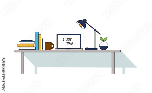 Office desk illustration with laptop computer in a modern workspace vector design