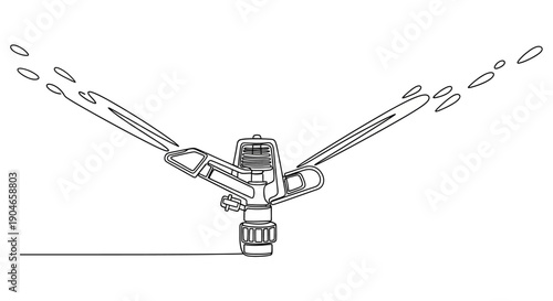 A detailed line drawing of a rotating sprinkler head spraying water in two opposing arcs.
