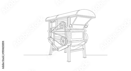 A detailed line drawing of a vintage threshing machine, showcasing its mechanical components and agricultural purpose.