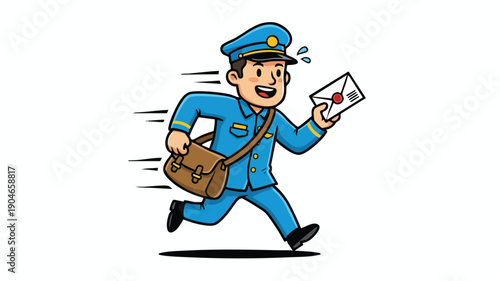Cartoon mailman running fast delivering mail with a smile.