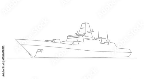 A minimalist line drawing of a modern warship, showcasing its sleek design and naval features.