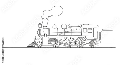 A detailed black and white line drawing of a classic steam locomotive, viewed from the side, with smoke billowing from its chimney.