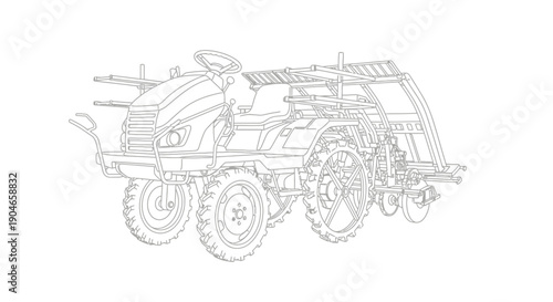 Line drawing illustration of a complex agricultural machine with multiple wheels, steering wheel, and various attachments for farming tasks.