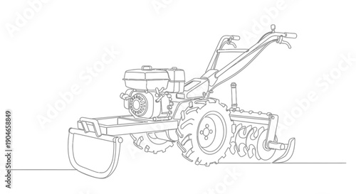 Line drawing of a walk-behind rototiller with a gasoline engine, wheels, and tilling blades, set against a white background.
