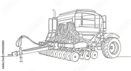 Line drawing of a large agricultural seeder machine with multiple hoses and planting units, ready for fieldwork.