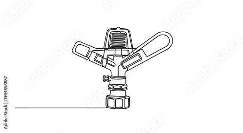 A detailed line drawing of a single impulse sprinkler head, showcasing its mechanical components and spray arms against a white background.