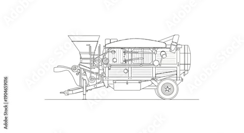 Technical line drawing of an agricultural or industrial machine with a hopper and wheels, viewed from the side.