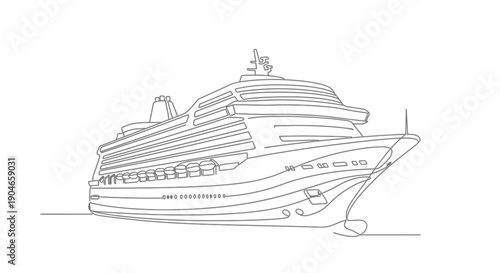 Continuous line drawing of a large passenger cruise ship on water, viewed from the front-side, showcasing its elegant design.