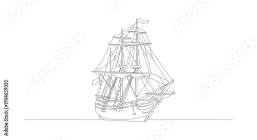 Detailed line drawing of a historic sailing ship with multiple masts and intricate rigging.