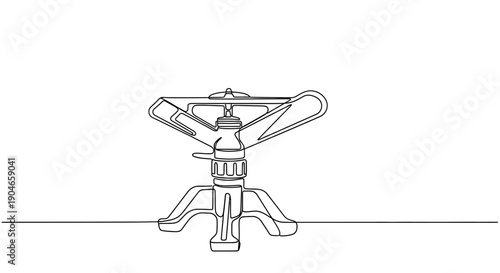 A detailed line drawing of a garden sprinkler with a tripod base, set against a plain white background.