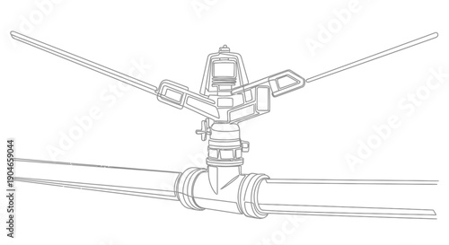 Line drawing of a rotating irrigation sprinkler head mounted on a pipe for watering systems.