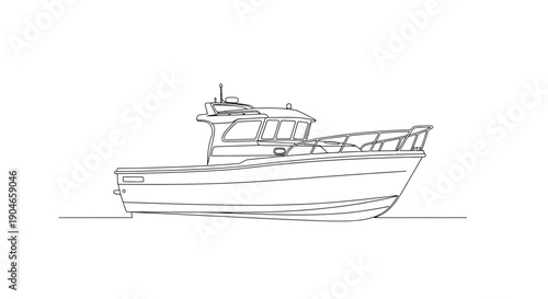 Detailed line drawing of a small fishing boat or cabin cruiser in profile view, showcasing its structure and design.