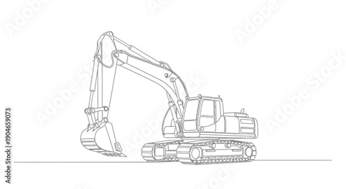 Detailed line drawing of a heavy-duty hydraulic excavator with tracks, used for construction and earthmoving operations.
