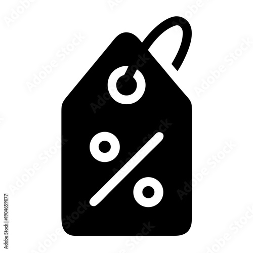 Black and white icon of a sale tag with a discount percentage symbol and a handle.