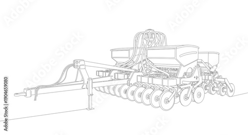 Detailed line drawing of a modern agricultural seed drill for planting crops.