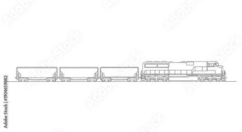 Line drawing of a freight train with a locomotive and three hopper cars on a track, depicted in a simple black and white style.