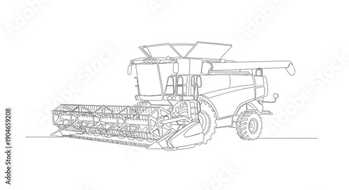 Detailed line drawing of a modern combine harvester, an essential agricultural machine for efficient crop harvesting in fields.