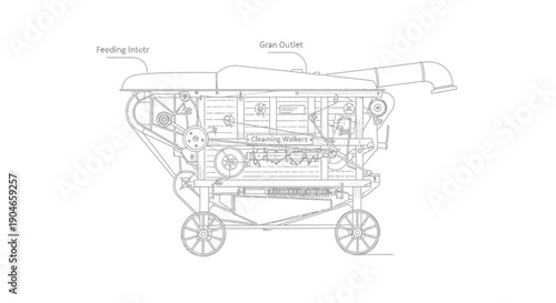 Detailed line drawing of an antique threshing machine showing its internal mechanisms and labeled feeding inlet and grain outlet.