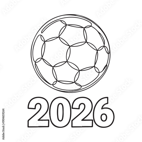 Black and white illustration of a soccer ball with the year 2026 underneath it