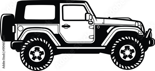 Black and white off road jeep silhouette, rugged four wheel drive vehicle, adventure travel concept, detailed vector illustration isolated on white background