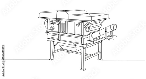 Line drawing illustration of a complex industrial processing machine with multiple components and a sturdy frame.