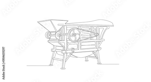 Line drawing of a vintage threshing machine with a hopper and belt drive mechanism.