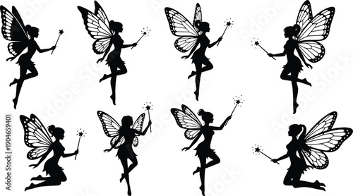 Black silhouette fairy set with wings and magic wand, fantasy character poses, whimsical fairy tale concept, decorative vector illustration isolated on white background