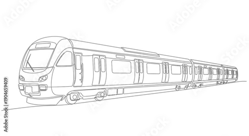 Detailed line art illustration of a modern high-speed passenger train on a railway track, depicting its sleek form and multiple connected carriages.