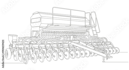 Detailed line drawing of a modern agricultural seed drill for planting crops.