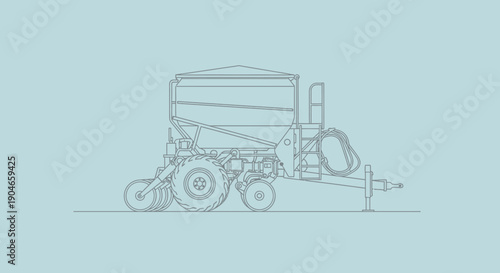 Line drawing illustration of a modern agricultural planter or seeder machine used for farming and crop cultivation processes.