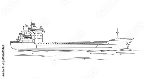 Line drawing of a large cargo ship sailing on water, viewed from the side in profile.