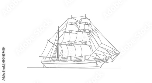 Detailed line art drawing of a classic tall ship with full sails, depicting a majestic sailing vessel on the water.