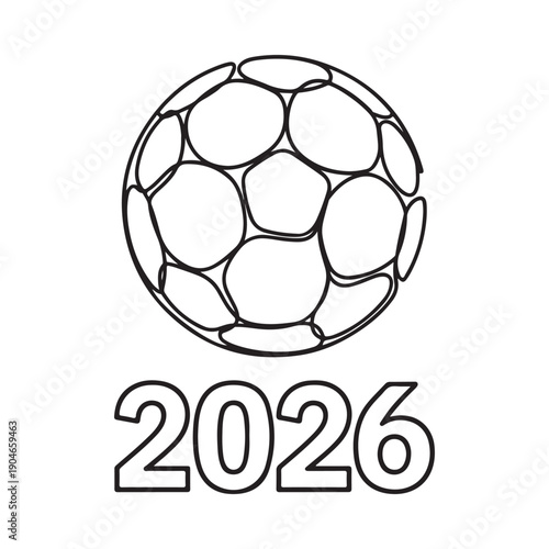 A black and white illustration of a soccer ball with the year 2026 below it