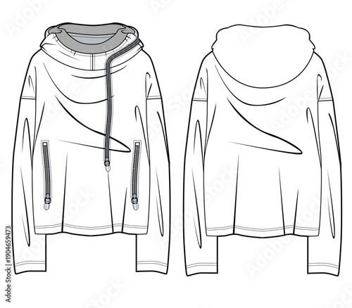 Loose fit hoodies vector template technical design by adobe illustrator.