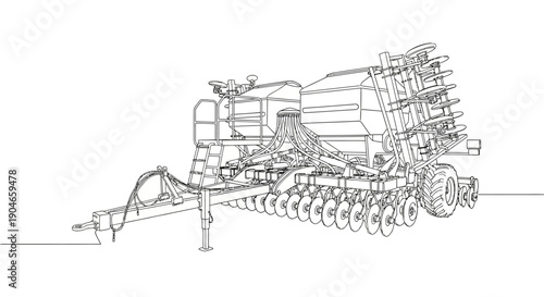Detailed line drawing of a modern agricultural seed drill or planter machine for farming operations.