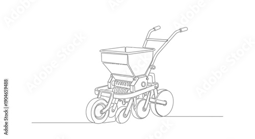 Continuous line drawing of a modern agricultural seed planter machine.
