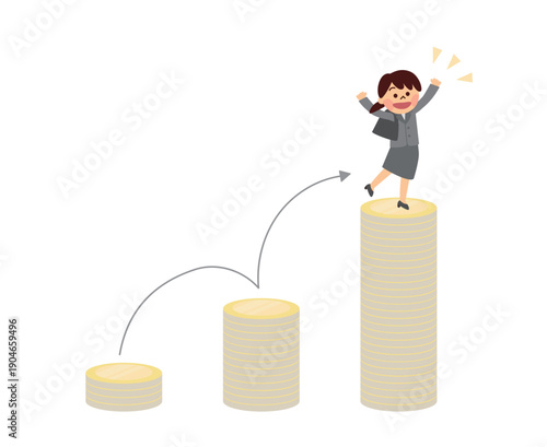 積みあがるコインを駆け上がるスーツ姿の女性