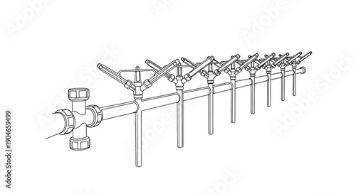 Line drawing of a multi-head sprinkler system for irrigation or fire suppression.