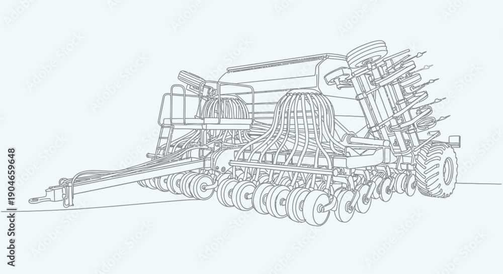 Fototapeta premium Detailed line drawing illustration of a modern agricultural seed drill or planter machine for farming.