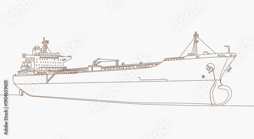 Detailed line drawing of a large cargo ship or oil tanker on a white background.