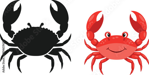 Crab silhouette and cute cartoon crab illustration comparison, marine animal design set, black and red sea creature vector artwork isolated on white background
