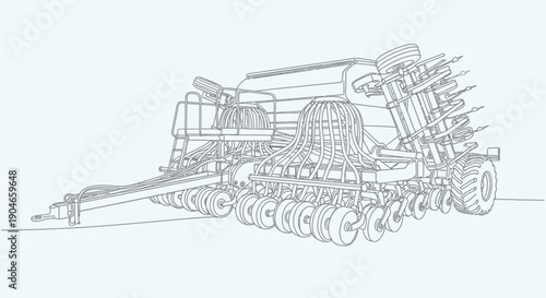 Detailed line drawing illustration of a modern agricultural seed drill or planter machine for farming.