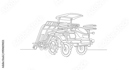 Detailed line art drawing of a modern agricultural farm machine, possibly a specialized tractor or harvester, used for planting or cultivating crops.