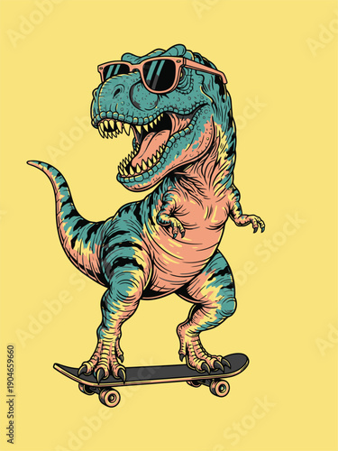 Cool Tyrannosaurus Rex Dinosaur Riding a Skateboard with Sunglasses.