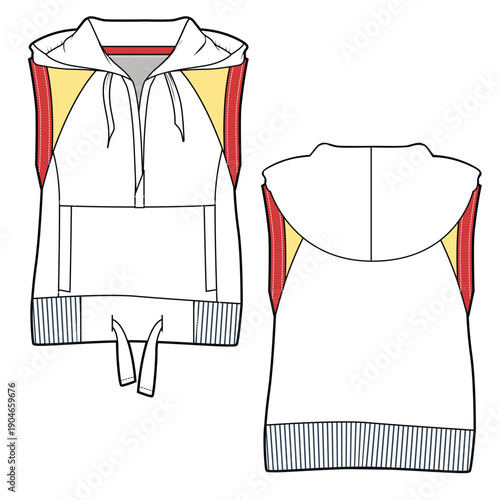 Sleeveless hoodies vector design mockup template technical flat drawing.