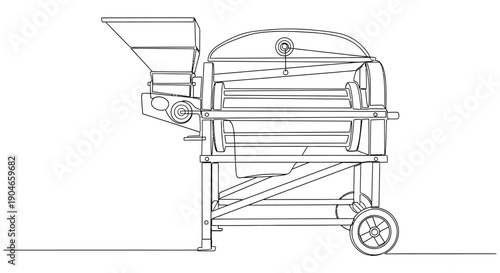 Detailed line drawing of an agricultural processing machine, featuring a hopper, internal rotating drums, and a mobile frame with wheels.